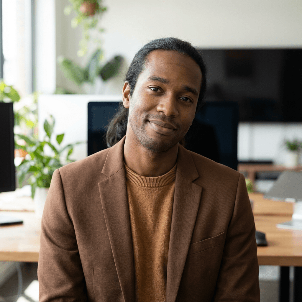 James Okafor, male customer in his mid 30s, Black, professional and composed appearance
