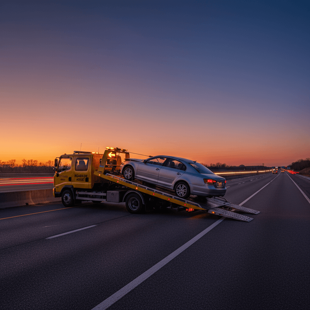 Tow truck loading a car on a highway at dusk