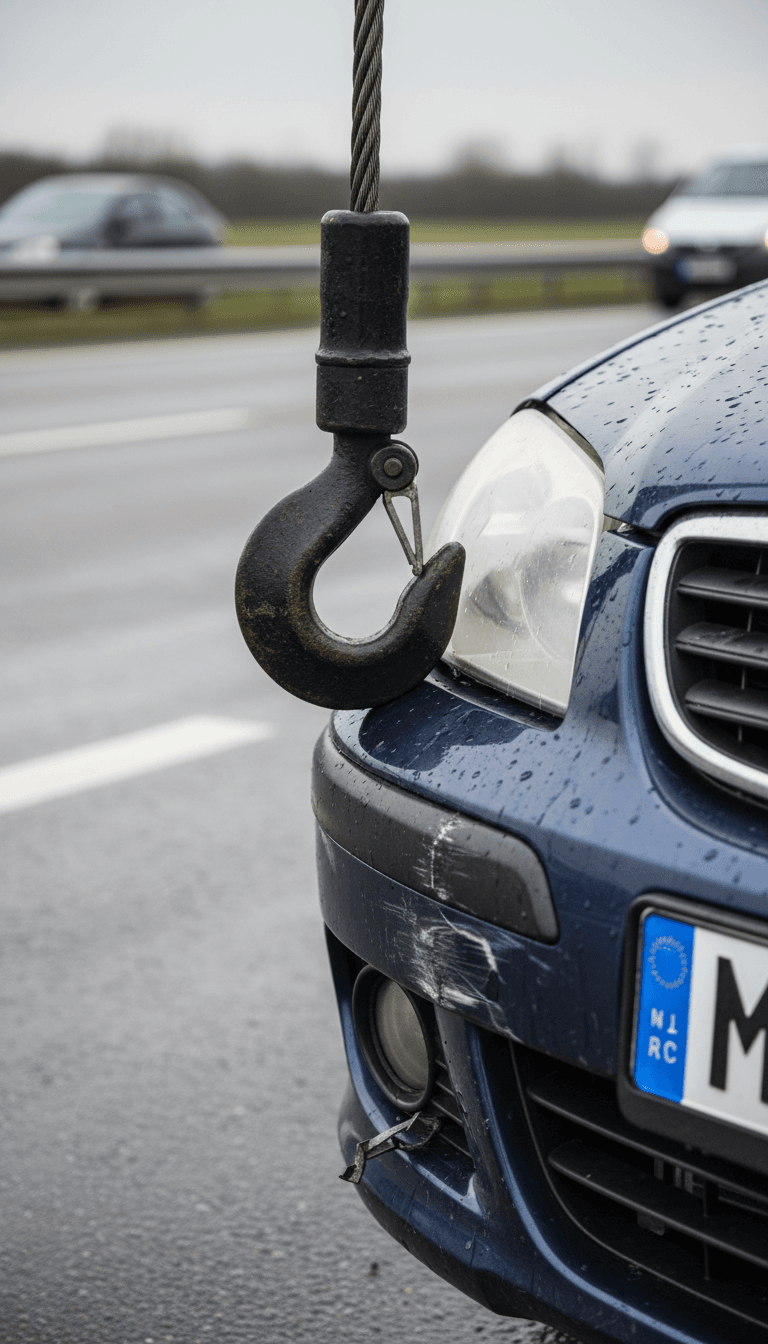 Close-up of a tow truck hook attached to a car's bumper