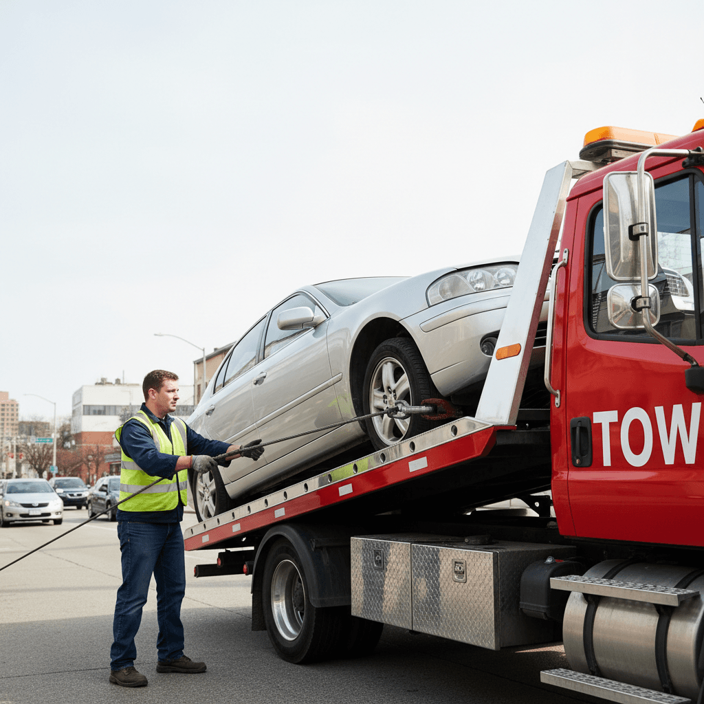 Flatbed tow truck winching car with driver guiding from side