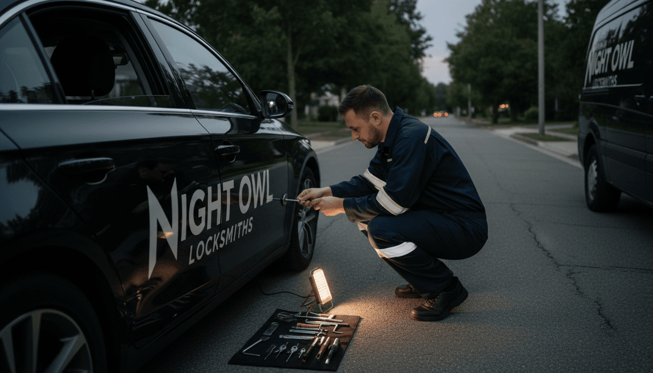 Locksmith working on a car door lock in low light