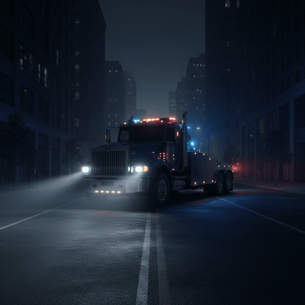 Tow truck with headlights on parked on dark empty street at night
