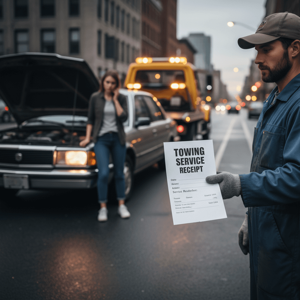 Tow truck operator showing paper receipt to customer near car