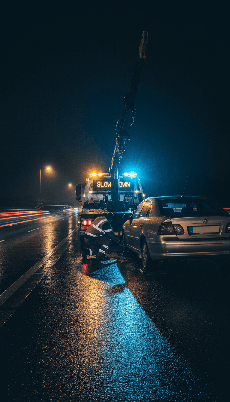 Tow truck hooking up a car on a Houston road at night