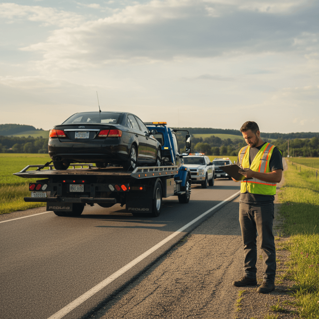 Tow truck driver checking clipboard beside flatbed truck on roadside