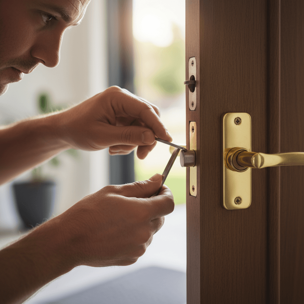 Locksmith working on a modern door lock