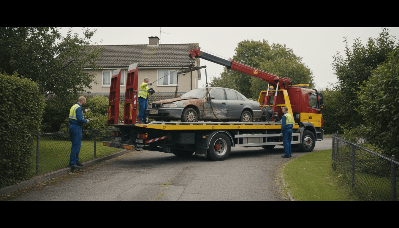 Flatbed tow truck loading a sedan on a sunny street