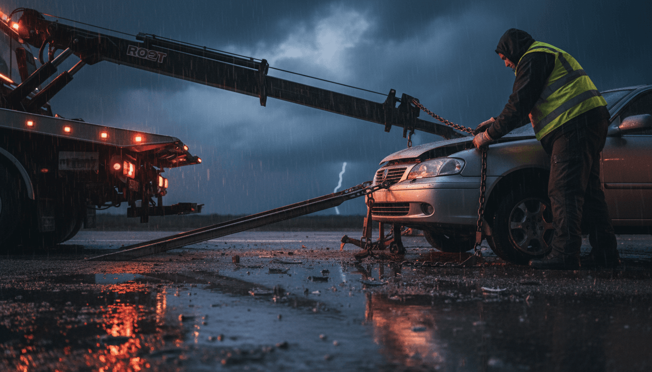 Tow truck operator securing a vehicle on a flatbed