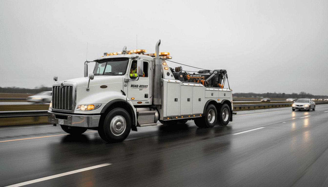 Tow truck carrying a car on an urban highway