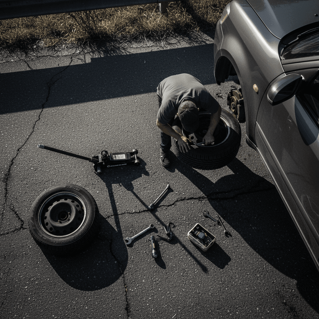 Technician removing a flat tire with a jack on a roadside