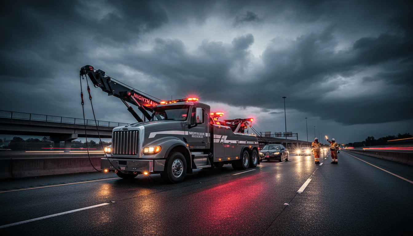 Tow truck parked on a residential street at dusk