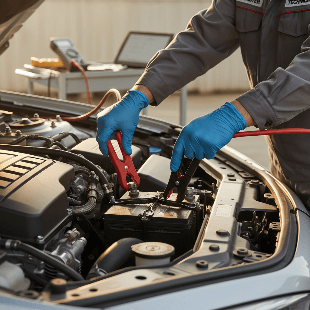 Jumper cables attached to a car battery with the hood open