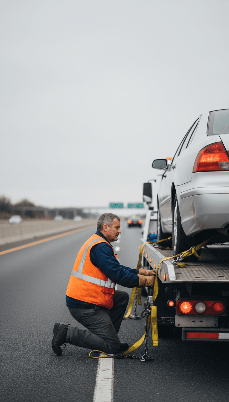 Professional tow truck operator assisting a driver with a disabled vehicle on a Houston roadside