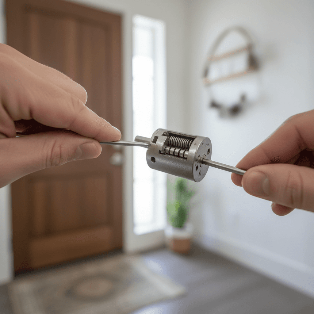 Close-up of locksmith hands picking a lock with precision tool