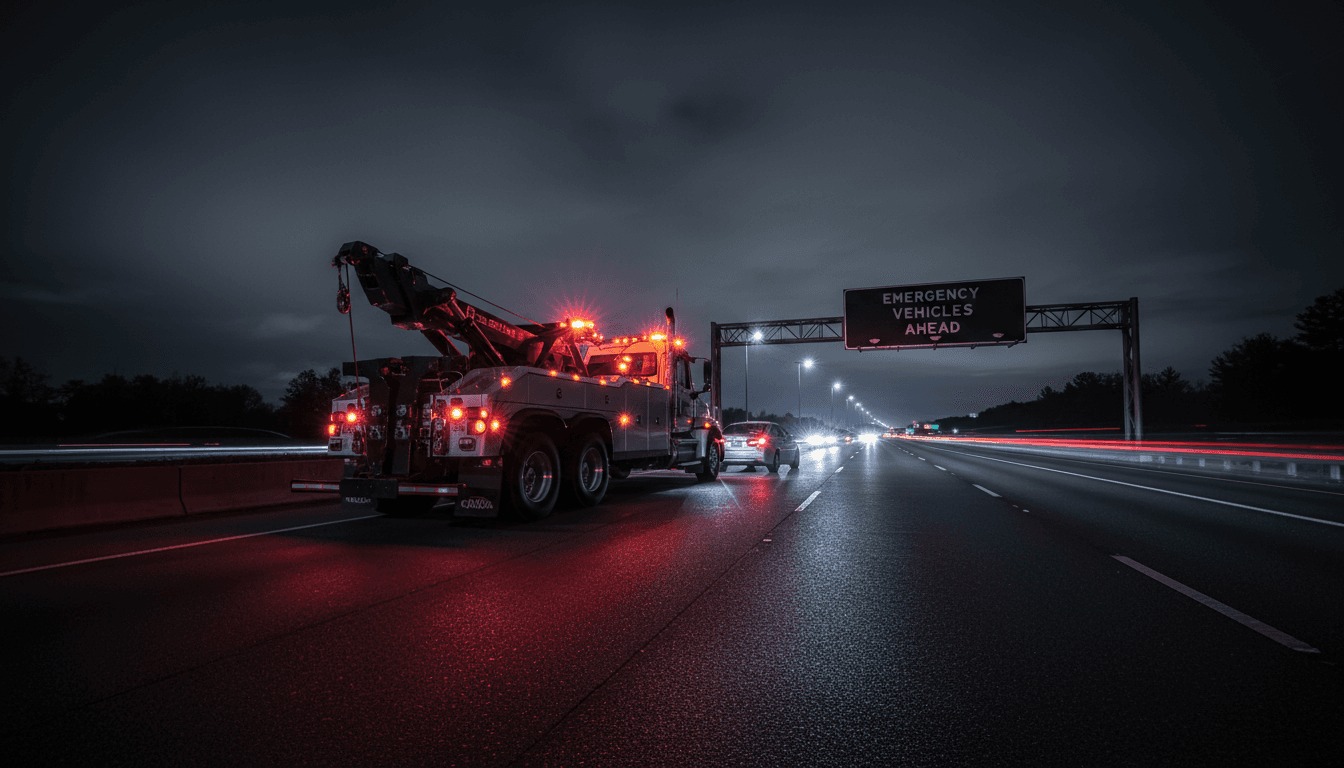 Tow truck driver hooking up a car on the roadside at night