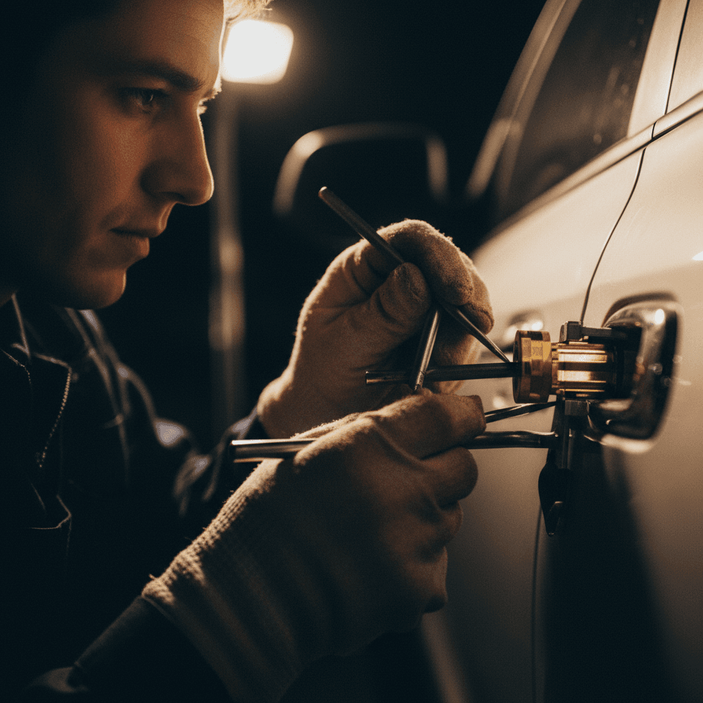 Professional locksmith using tools to open a car door lock