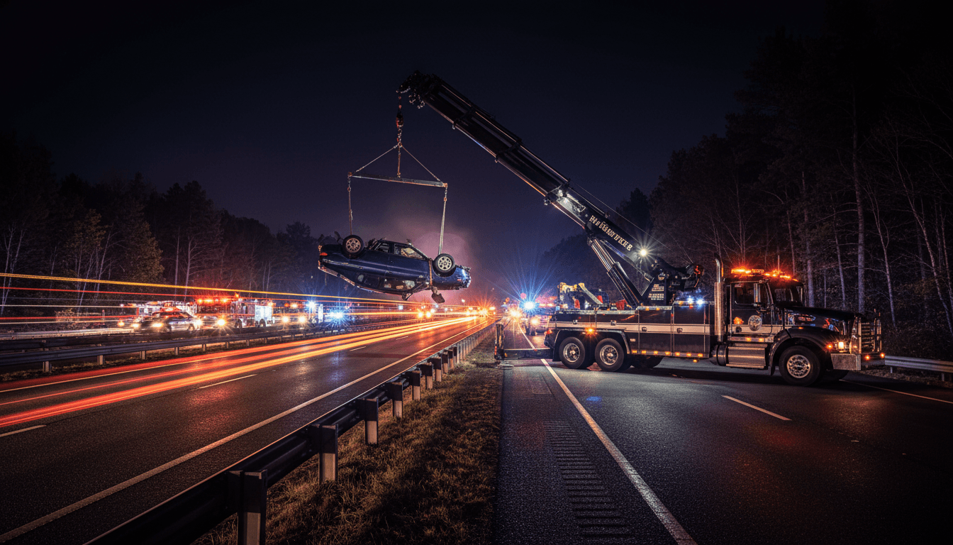 Heavy duty tow truck winching a large truck on a highway shoulder